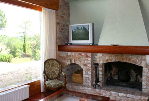 The fireplace room with large windows