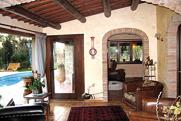 Living room overlooking the terrace and pool