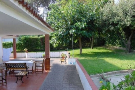 View into garden and on canopied terrace with 